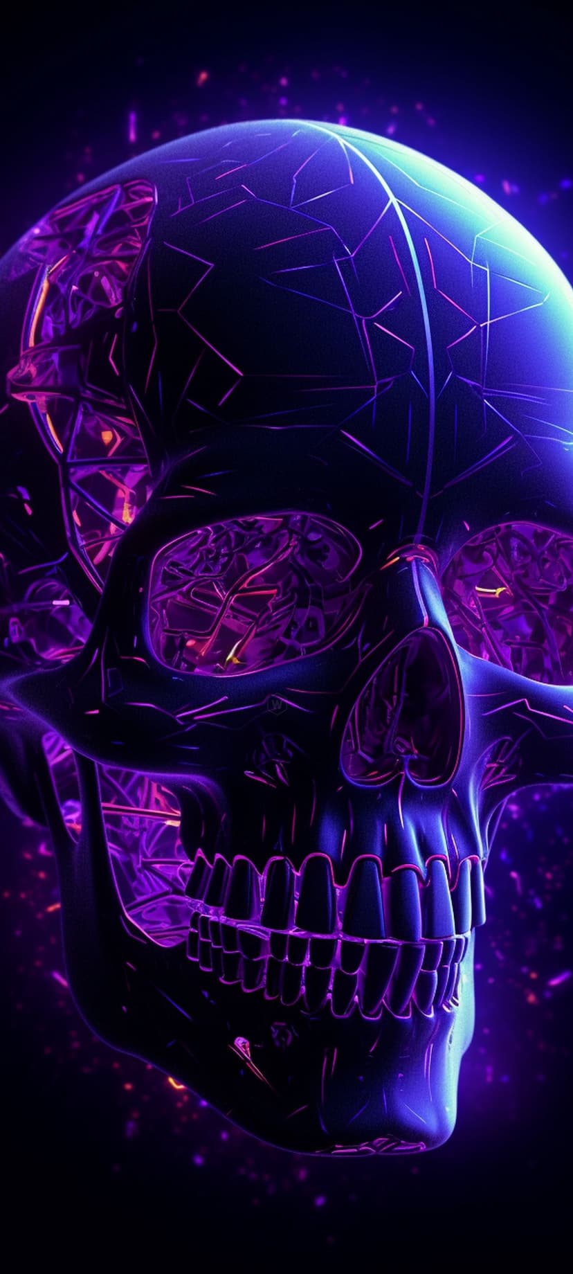 Stylized skull with glowing purple and blue geometric patterns against a dark starry background for mobile screens.