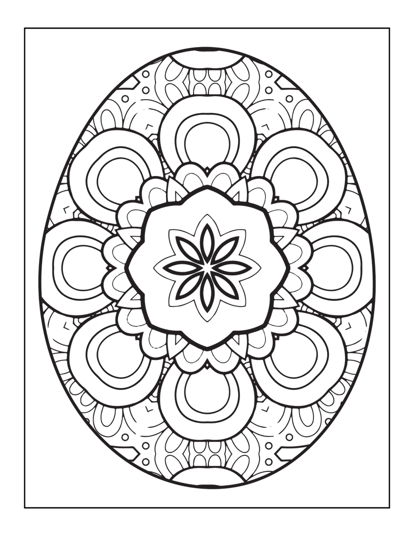 Mandala Easter egg line art features symmetrical floral patterns and concentric circles in black ink on white.
