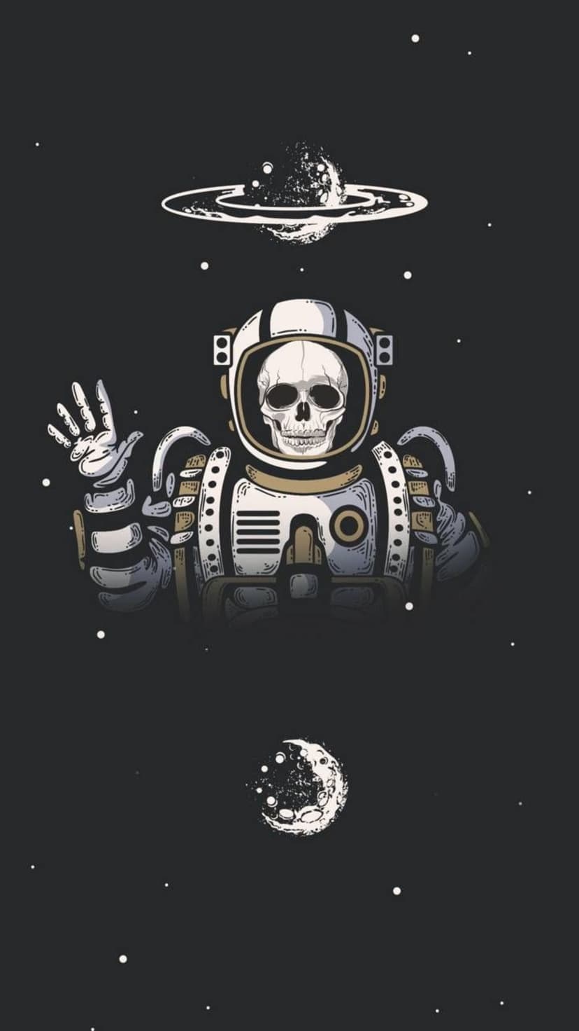 Skeleton in a detailed spacesuit waves its hand amidst a ringed planet, shattered moon, and distant stars.