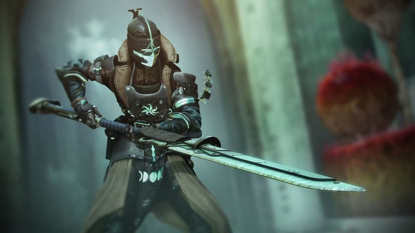 A sci-fi warrior in brown robes holds a long glowing green sword in a blurred stone temple environment.