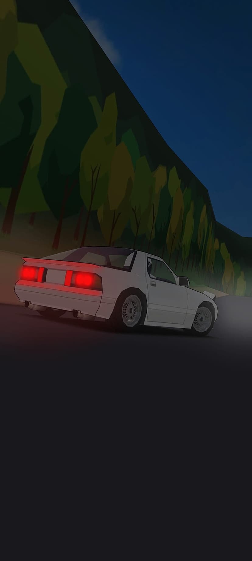 White sports car drifting around a mountain curve at night with glowing red taillights and thick tire smoke.