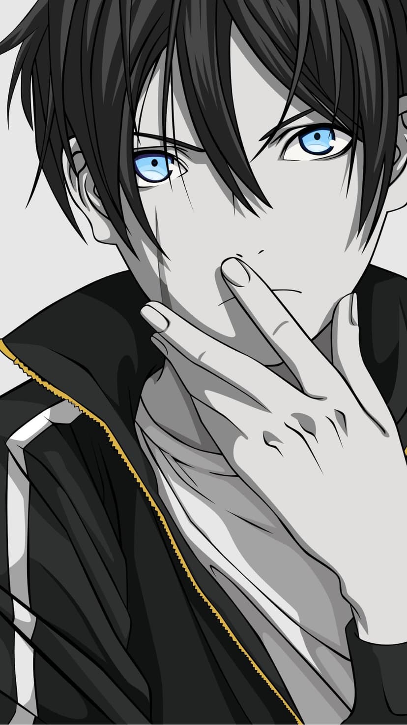 Yato from Noragami with dark messy hair and one bright blue eye touches his chin against a grey studio background.