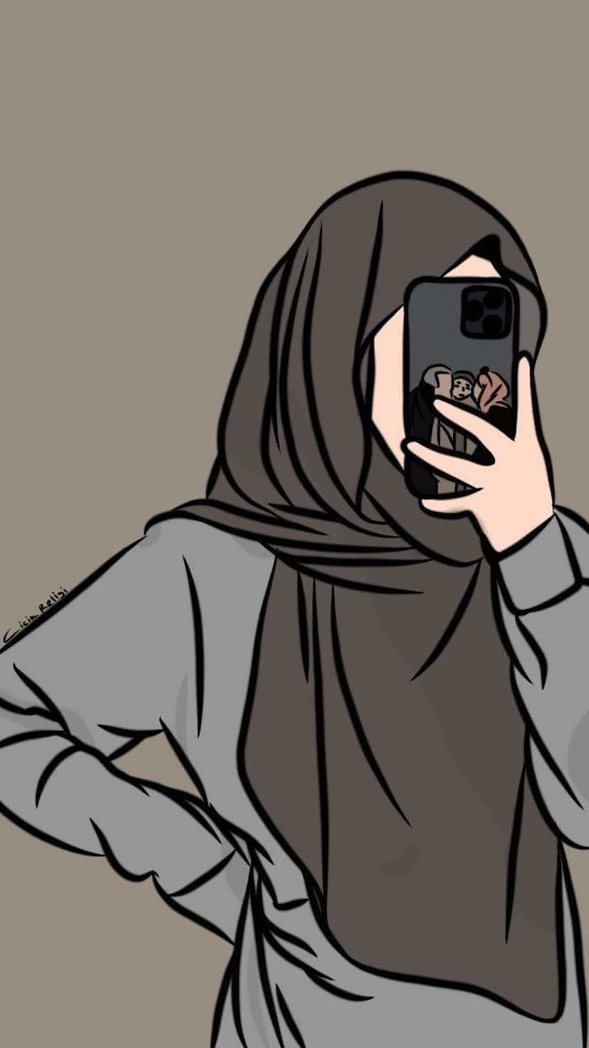 Muslim woman in a dark grey hijab and outfit holding a smartphone with three small figures on the screen.
