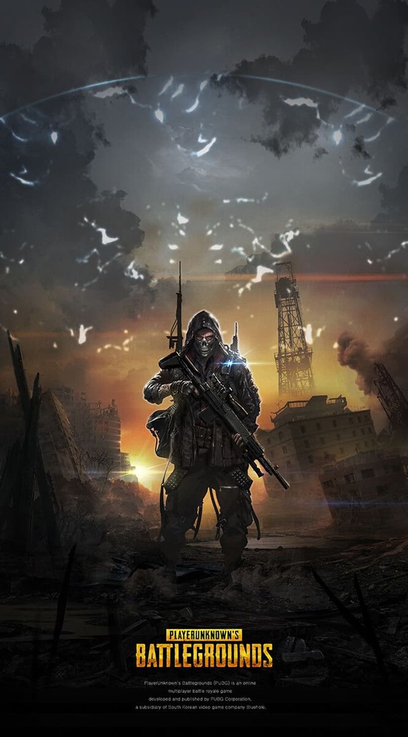 Soldier wearing a skull mask and tactical gear stands before a ruined industrial complex under a dark sky.