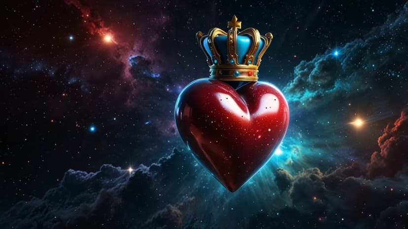 Glowing red heart wearing a gold crown surrounded by swirling blue and orange nebula clouds in deep space.