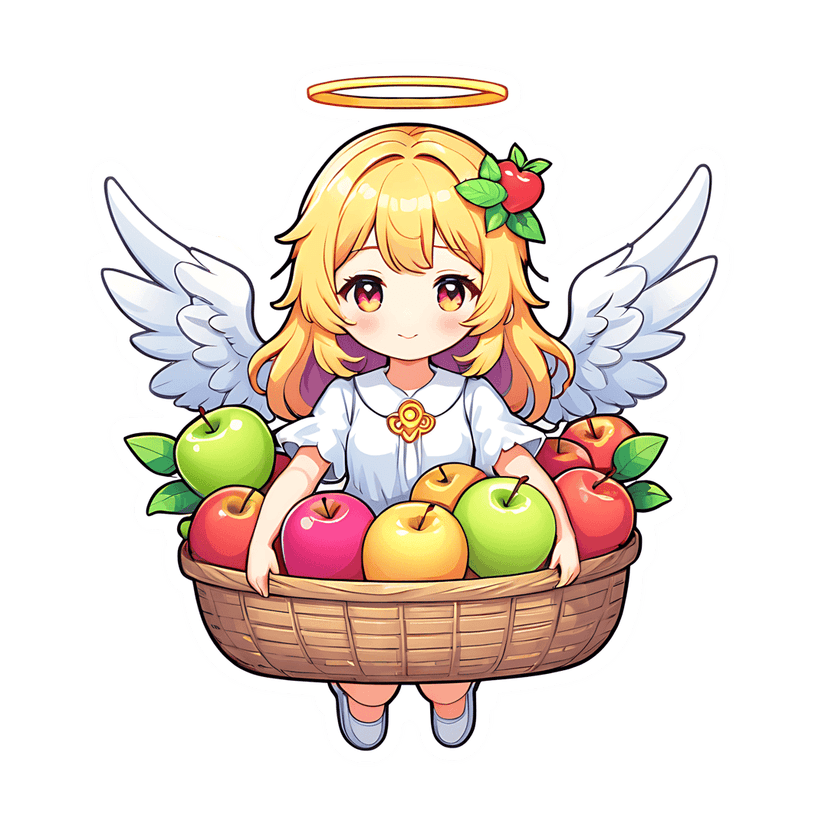 Chibi angel sticker holding a woven basket of multi-colored apples featuring golden halo and feathered wings.