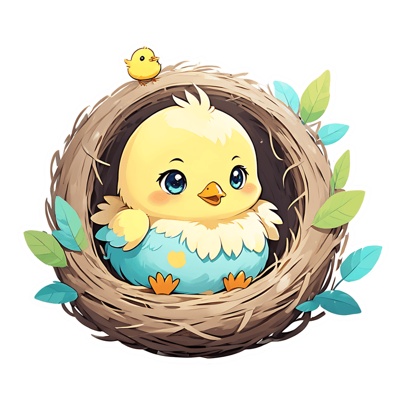 Yellow chick bird clipart sits in a brown twig nest surrounded by green leaves and blue glossy textures.