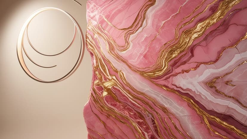 Pink marbled stone surface with shimmering gold veins and a rose gold geometric triangular frame on the side.