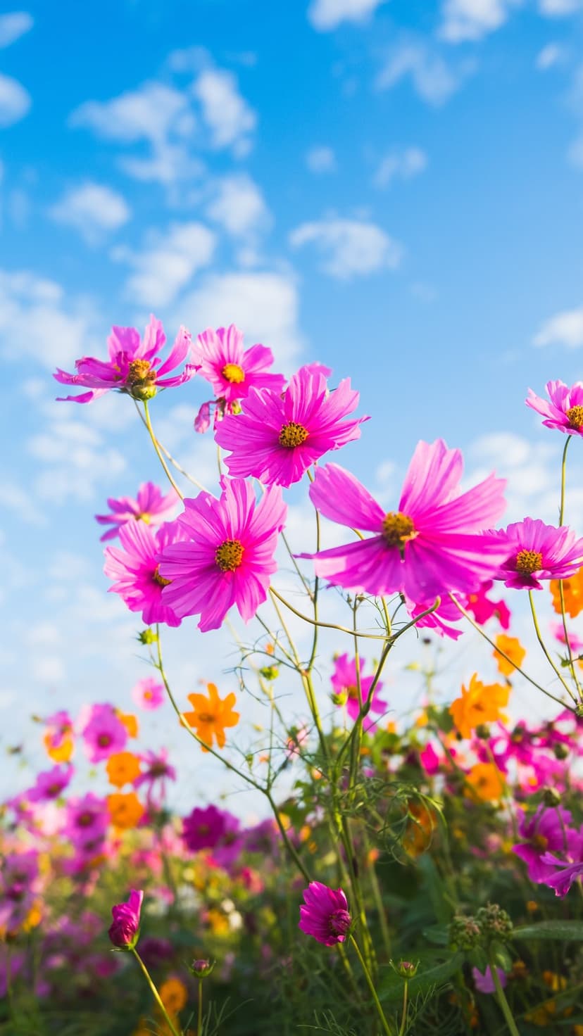 Pink and orange cosmos flowers stretch toward a bright blue sky with fluffy white clouds in a low-angle shot.