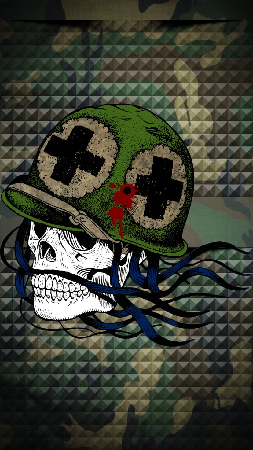 Skeletal head wearing a green combat helmet with black crosses and blue hair against a camouflage pattern.