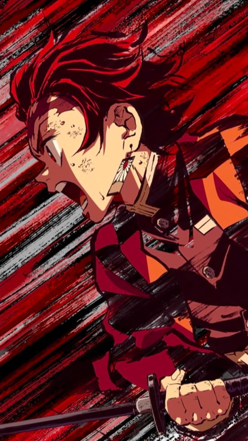 Red-haired warrior screaming while gripping a sword, set against black and red streaked motion patterns.