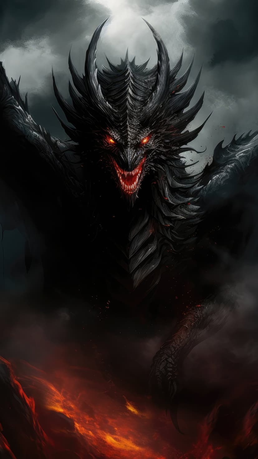 Black dragon with glowing red eyes snarling amidst molten volcanic lava flows and a dark, ember-filled sky.