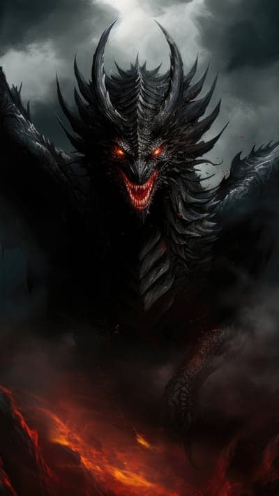 Fierce Black Dragon with Glowing Red Eyes in Fiery Landscape