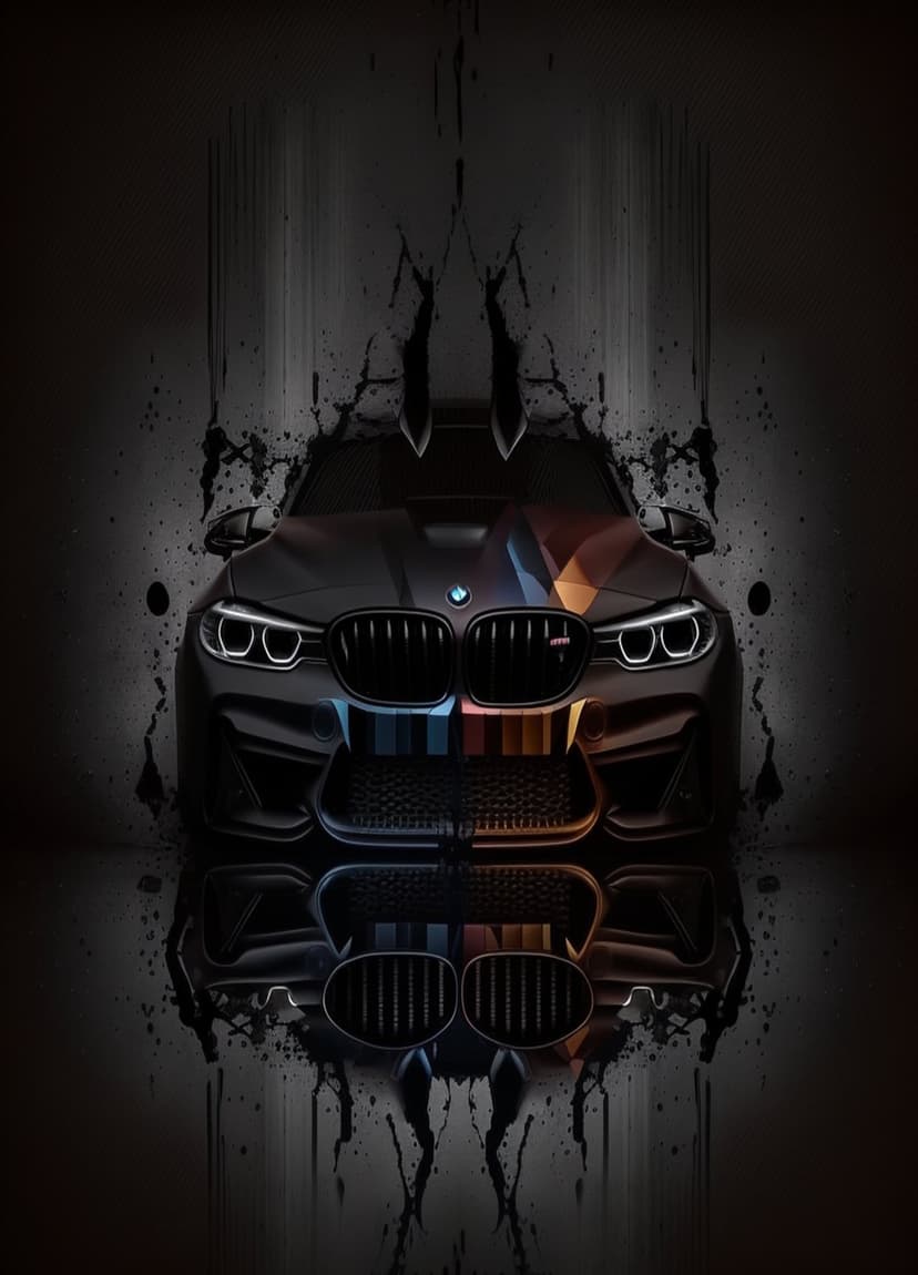 BMW M car front with glowing headlights and black ink splatters reflecting on a dark, glossy floor surface.