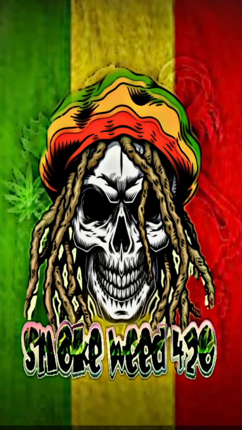 Dreadlocked skull wearing a tricolor Rasta cap smoking with graffiti text on a green and red background.
