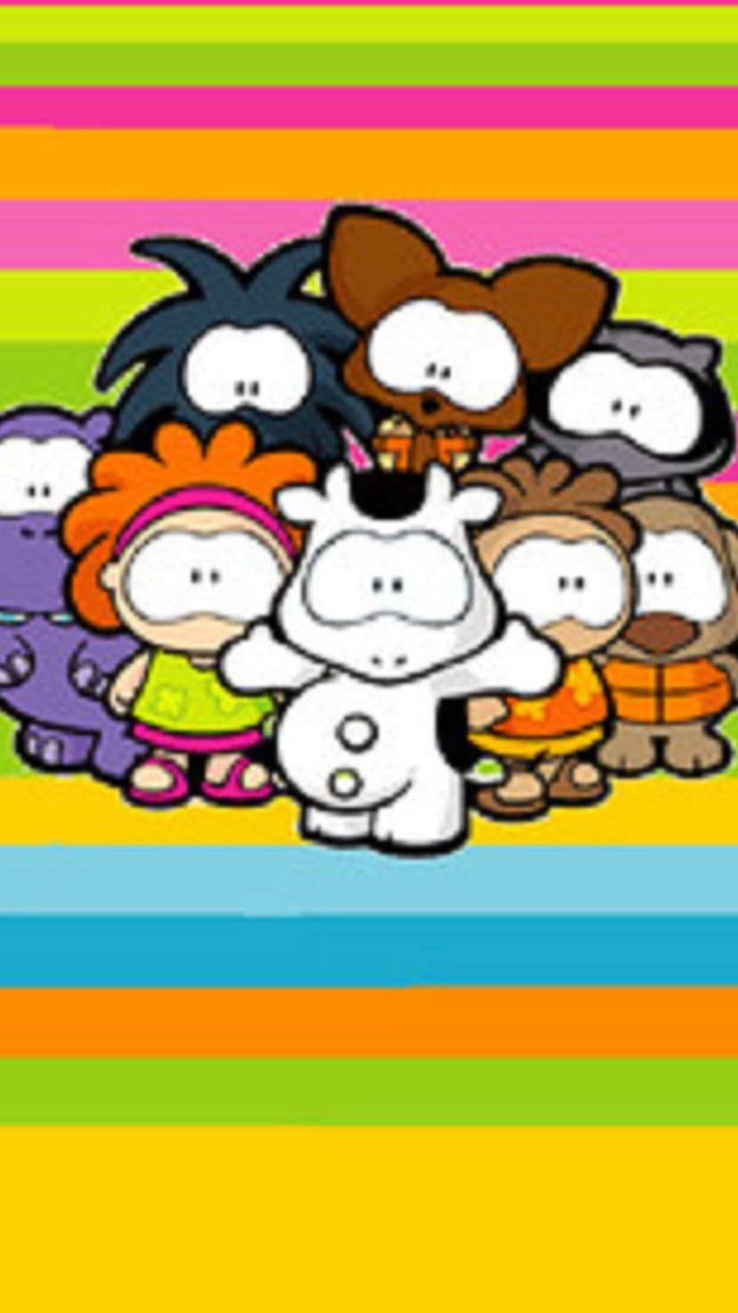 A group of small, wide-eyed cartoon animals and a girl stand before a background of horizontal rainbow stripes.