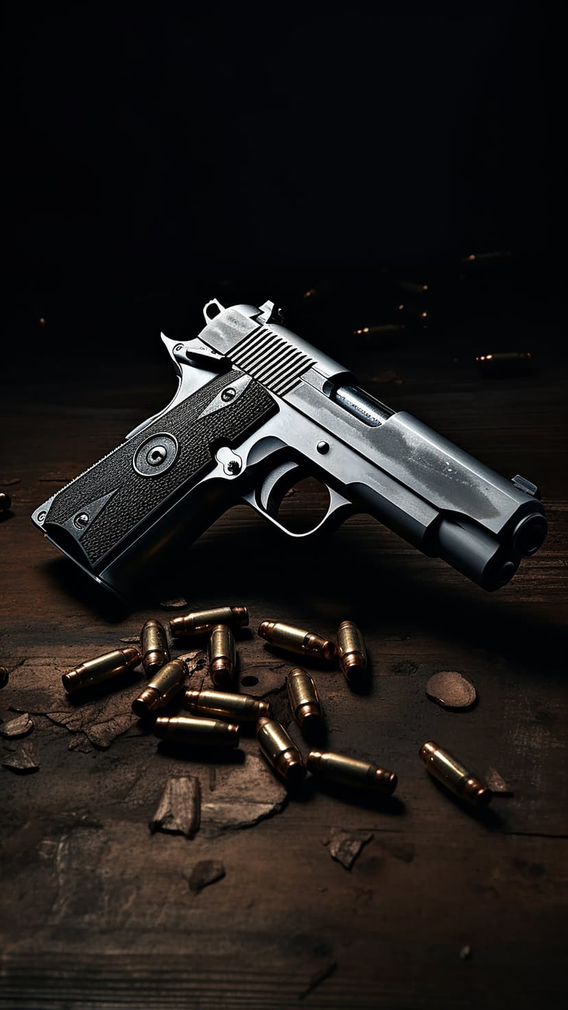 Silver semi-automatic pistol and brass bullet casings on a dark, rustic wooden table under dramatic lighting.