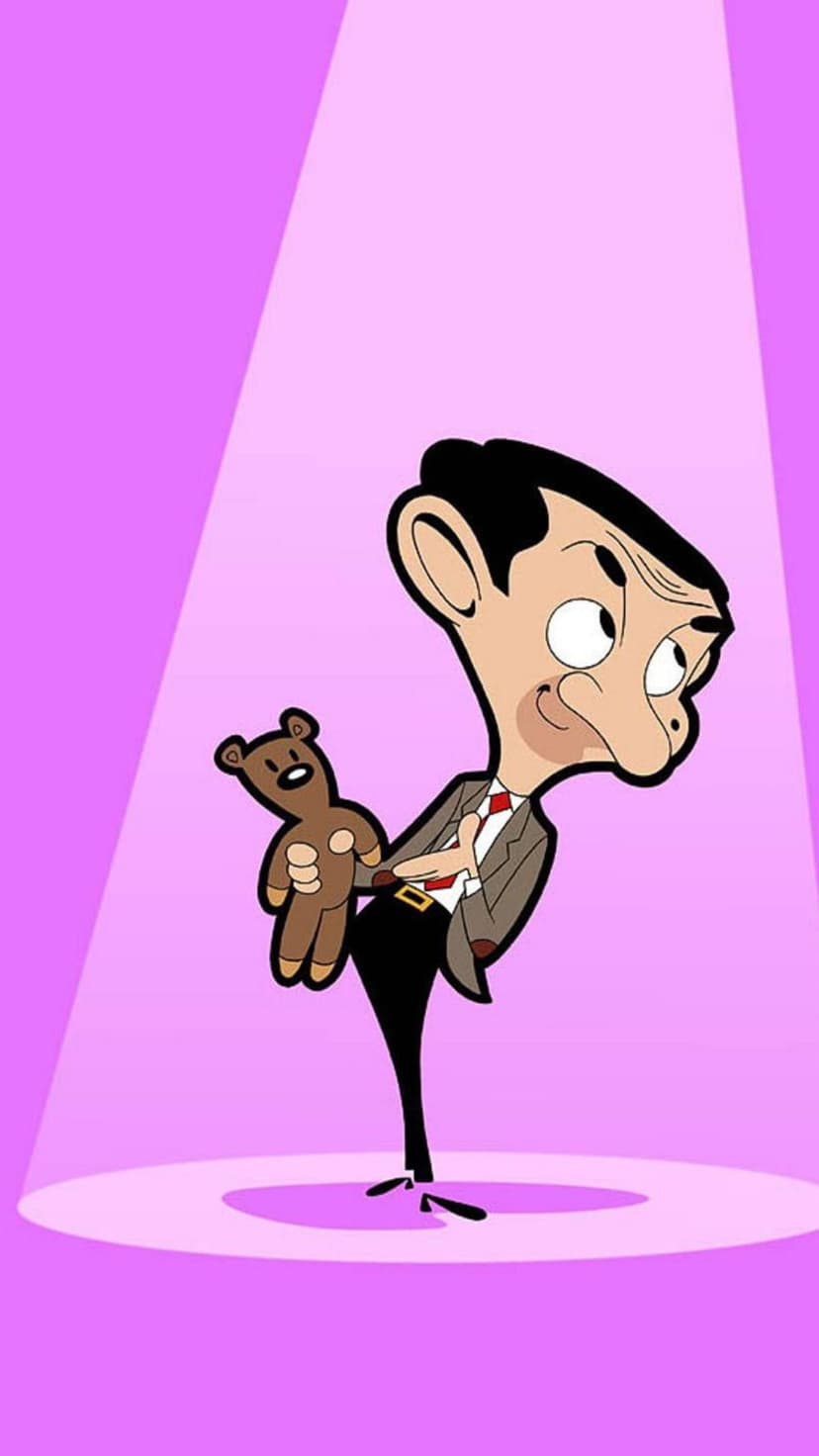 Mr. Bean wears a brown suit and red tie while holding a knitted teddy bear against a glowing purple background.