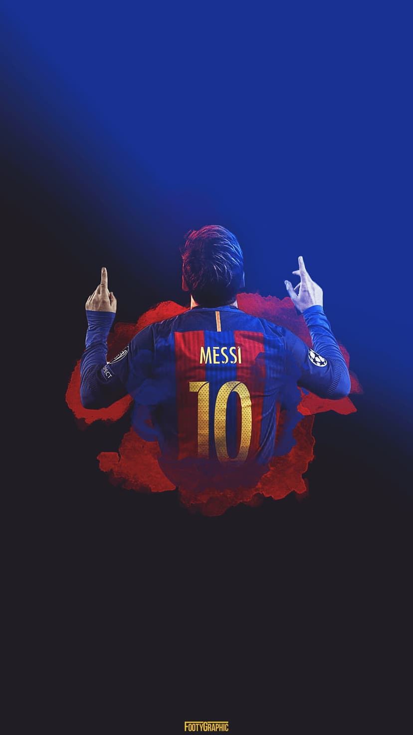 Lionel Messi from behind in a Barcelona number 10 jersey with vibrant red and blue splashes on a dark background.