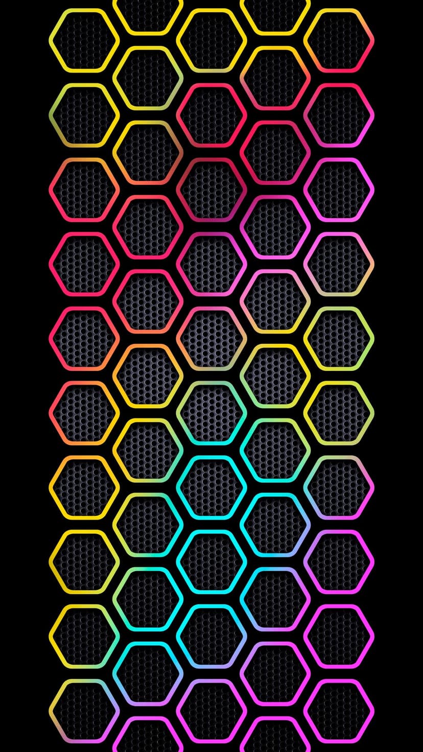 Glowing rainbow hexagonal outlines over a dark textured honeycomb mesh create a high-contrast geometric pattern.