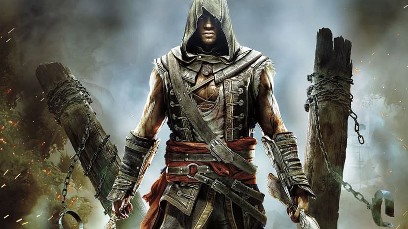 Hooded assassin Adéwalé stands holding two machetes between chained wooden pillars in a smoky tropical environment.