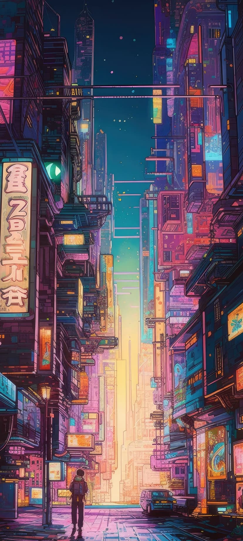Lone silhouette stands on a rainy futuristic street between neon skyscrapers with a car driving past in the night.