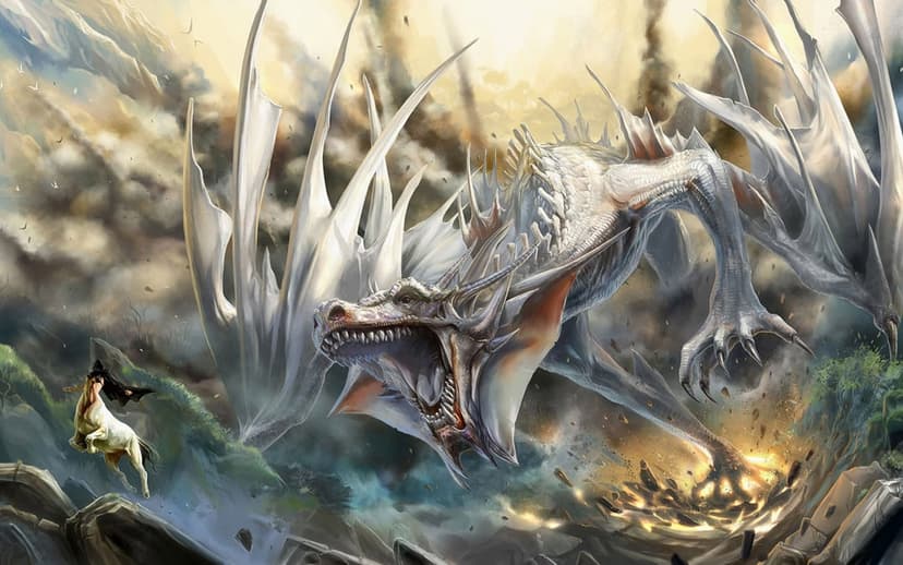 Colossal white dragon with open jaws confronting a centaur on a smoky mountain cliffside landscape.