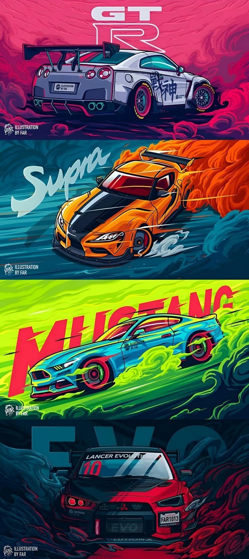 Nissan GT-R, Toyota Supra, Ford Mustang, and Mitsubishi Lancer Evolution racing through colorful neon smoke.