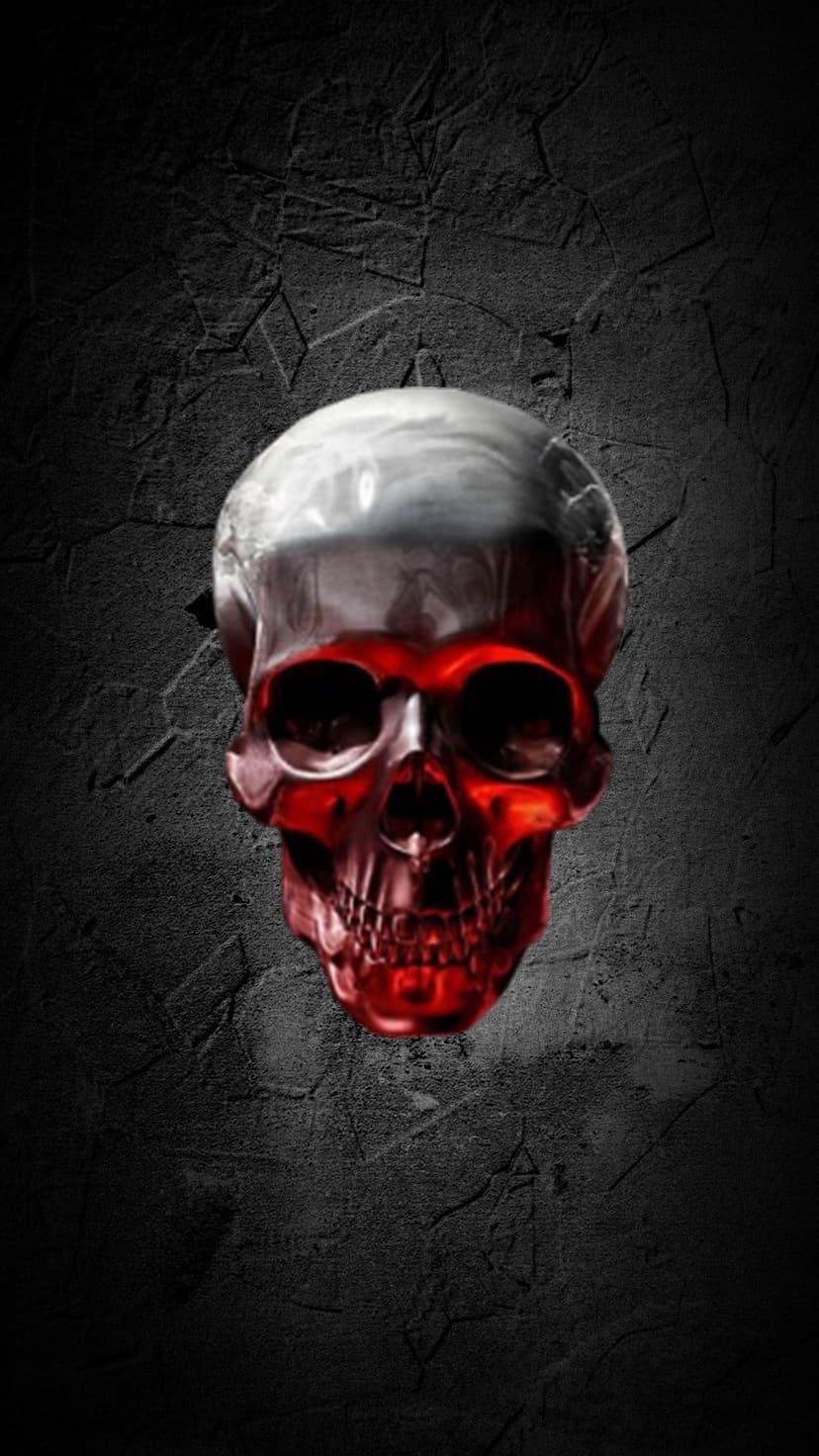 Skull with glowing red eyes and mouth emerges from a dark cracked background with metallic textures and shadows.
