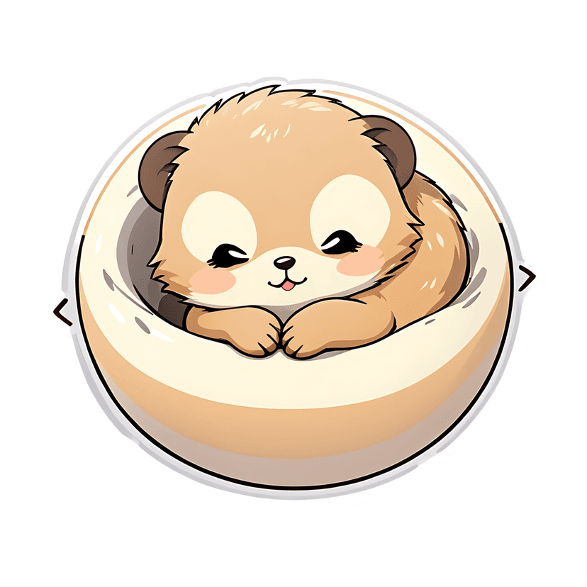 Hamster sticker illustration shows a light brown rodent with closed eyes sleeping in a plush round beige bed.