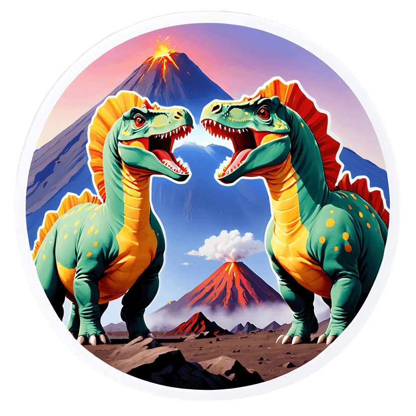 Two smiling dinosaurs with red frills stand near erupting volcanoes under a pink and blue sunset gradient sky.