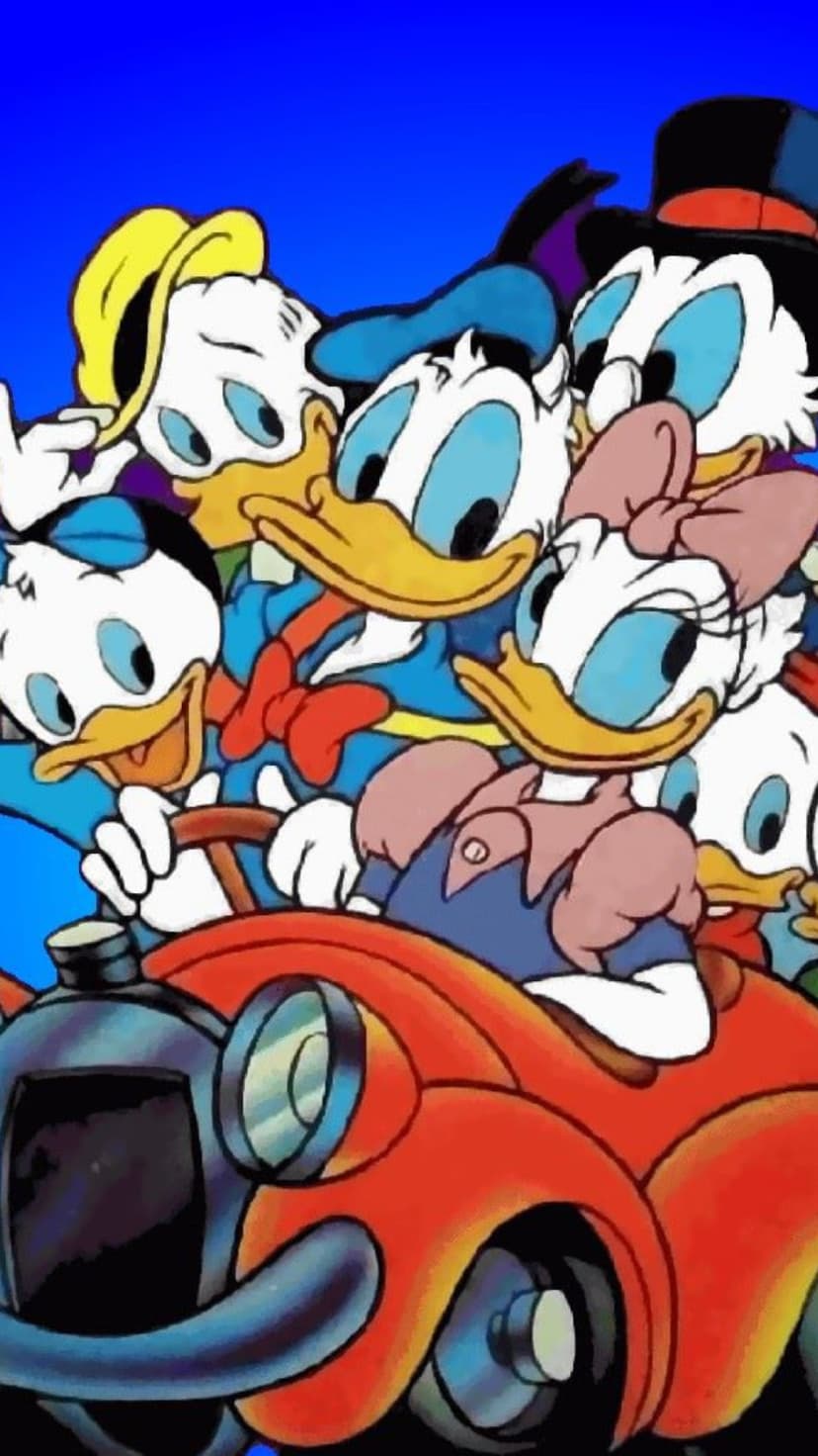 Donald Duck drives a red car with Daisy, Huey, Dewey, and Louie against a solid bright blue background.