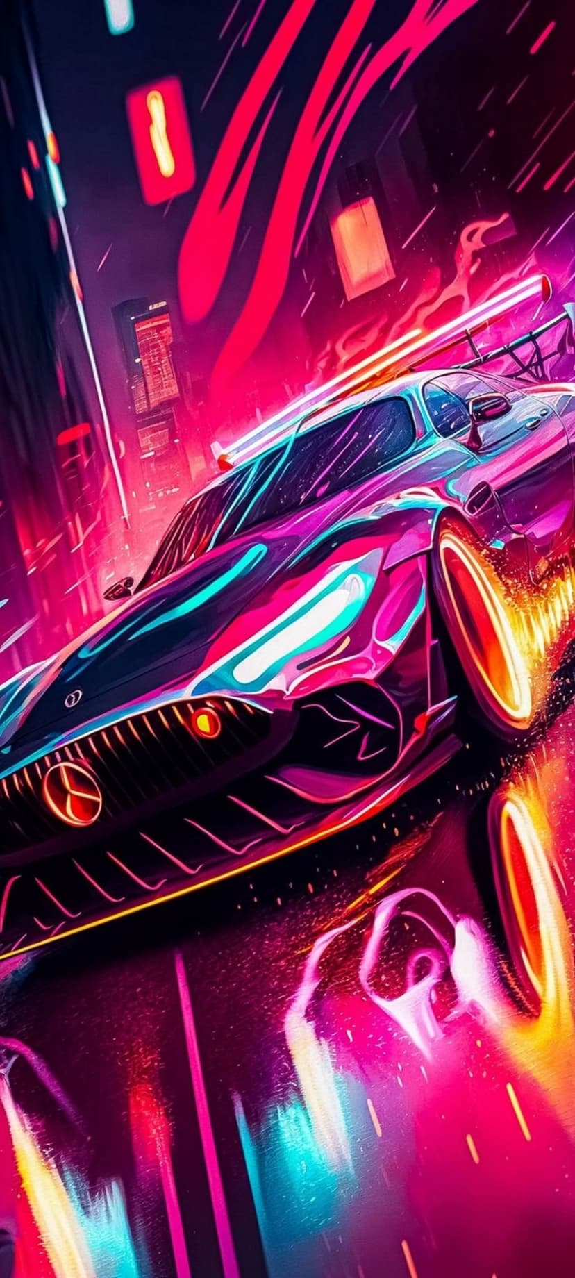 Sleek sports car with neon blue lights speeds through a rainy city street at night with vibrant reflections.
