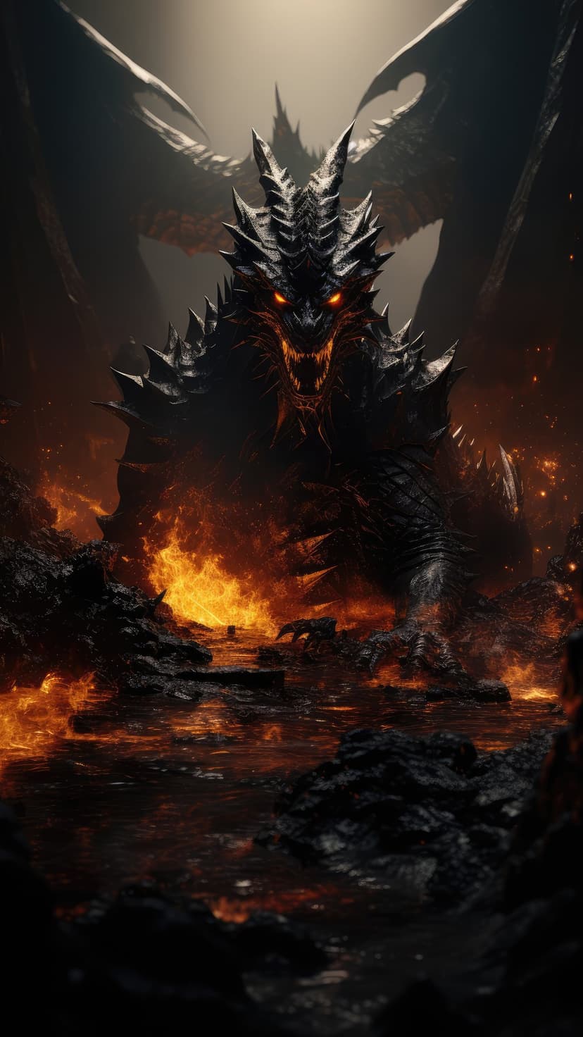 Black dragon with glowing orange eyes rising from a pool of molten lava amidst thick volcanic smoke and fire.