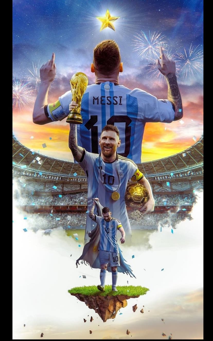Lionel Messi lifts the golden trophy before a roaring stadium crowd and a glowing star in the night sky.