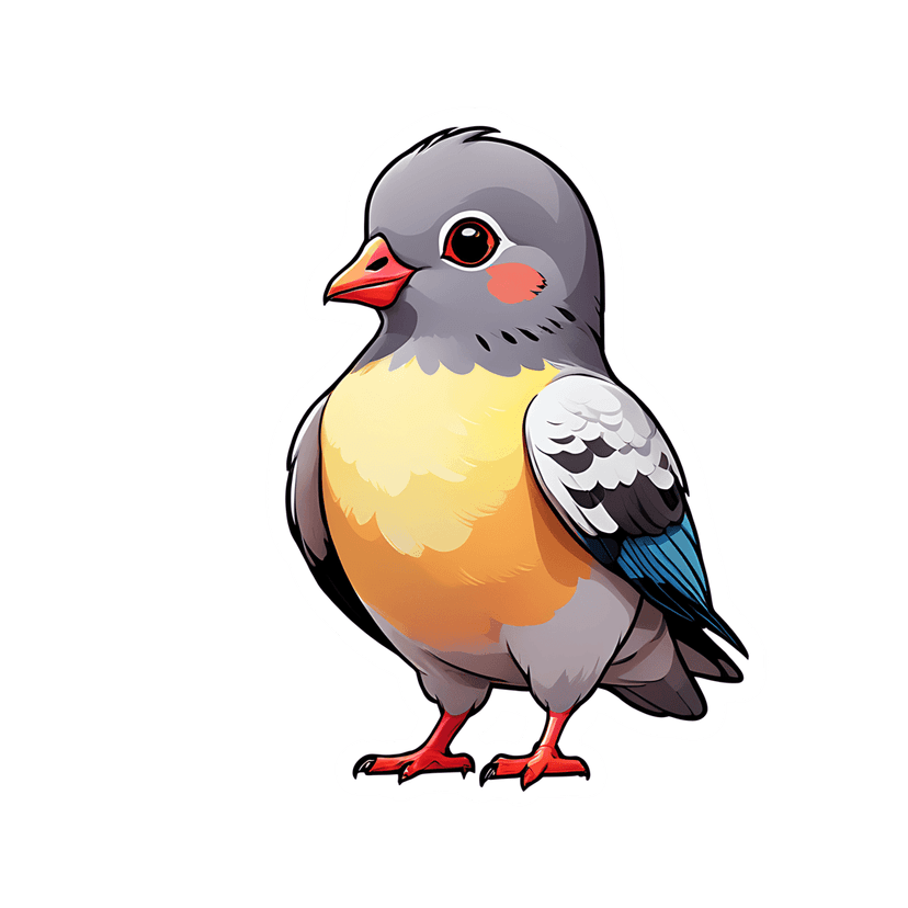 Gray bird sticker illustration features a profile view with a yellow chest, orange beak, and blue wing accents.
