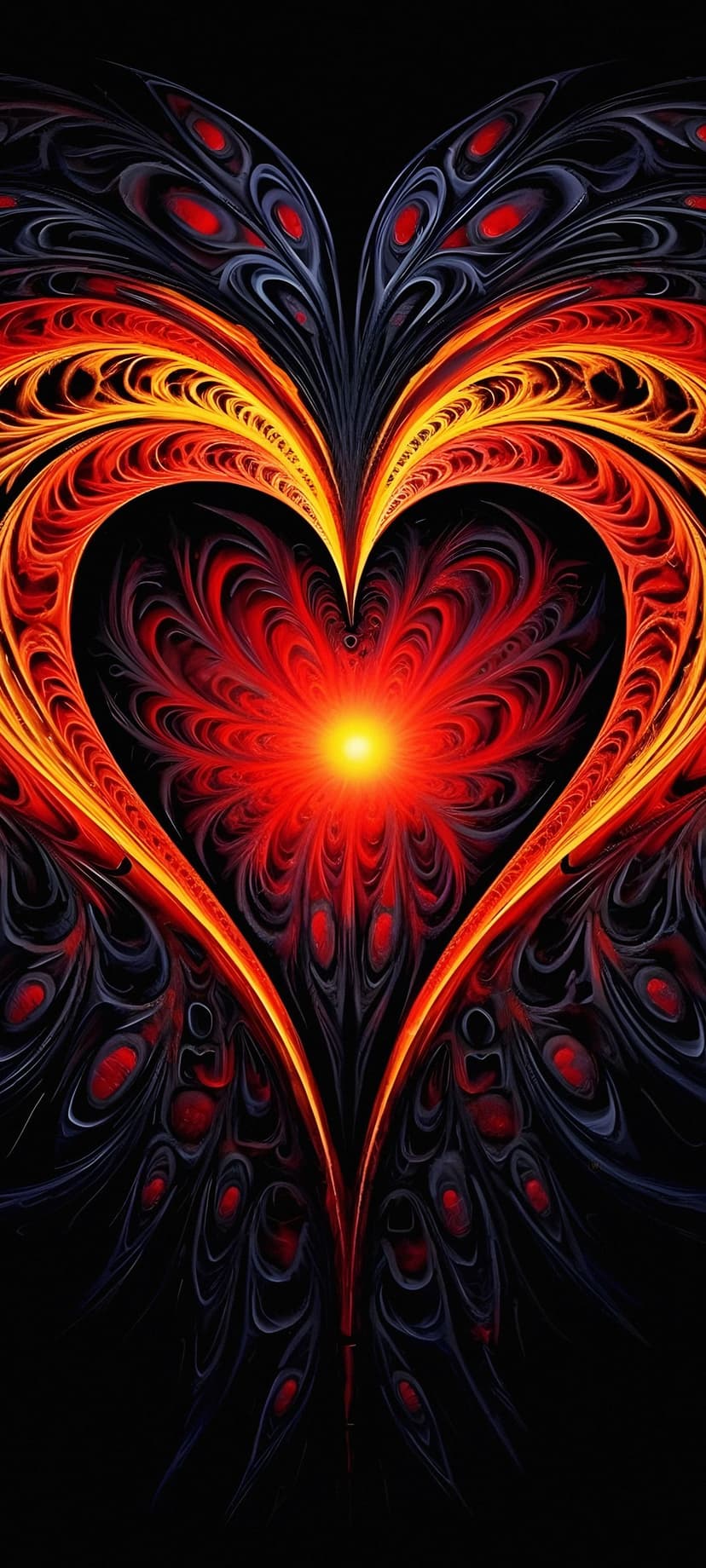 Glowing orange fractal heart with symmetrical dark red and blue wings set against a black background.