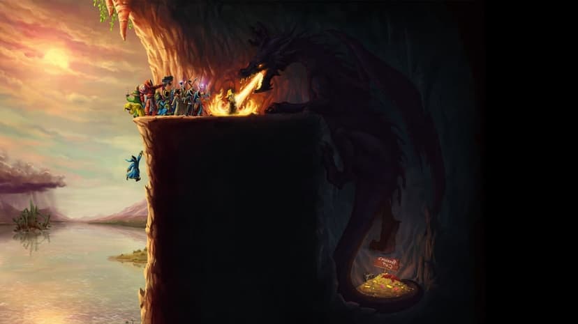 Colorful wizards stand on a cliff facing a massive fire-breathing black dragon under a warm sunset sky.