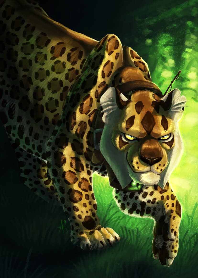 Leopard explorer in a leather harness and hat walks through a lush forest with golden sun-dappled lighting.