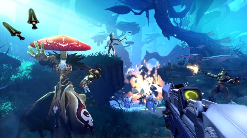 Mushroom-headed hero Miko and allies fight robotic enemies amidst explosions in a glowing alien forest scene.