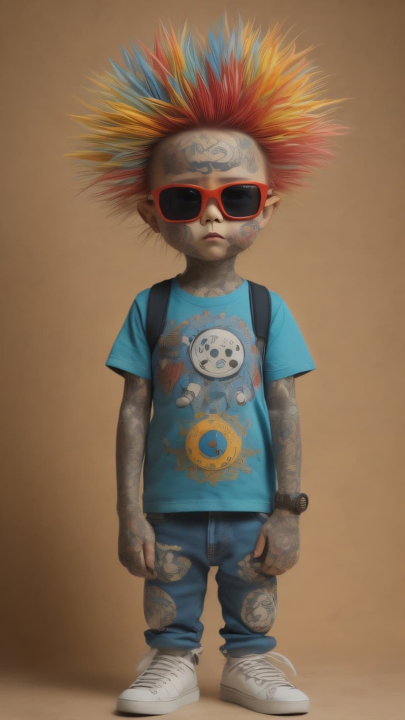 Punk kid with a rainbow mohawk, red sunglasses, and tattoo sleeves wearing a blue shirt and denim jeans.