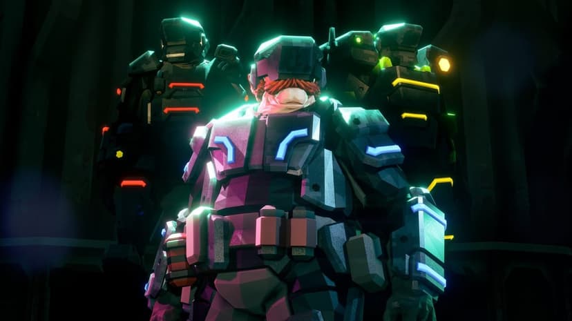 Three armored soldiers in low-poly sci-fi gear with glowing cyan, red, and yellow neon accents in a dark room.