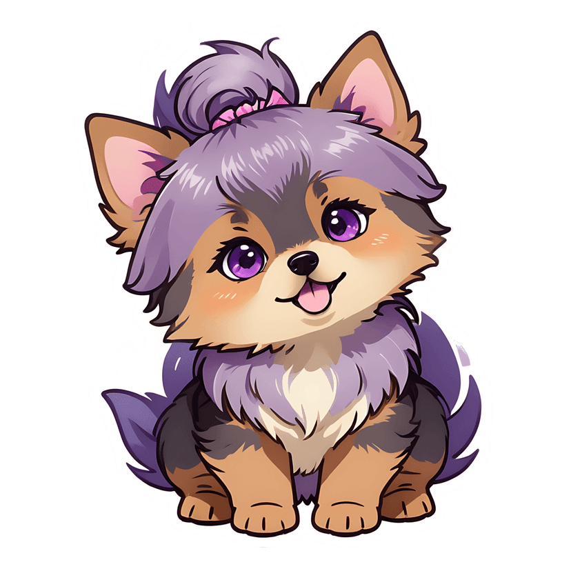 Purple puppy sticker illustration shows a seated chibi dog with lavender fur, pink bow, and glossy purple eyes.