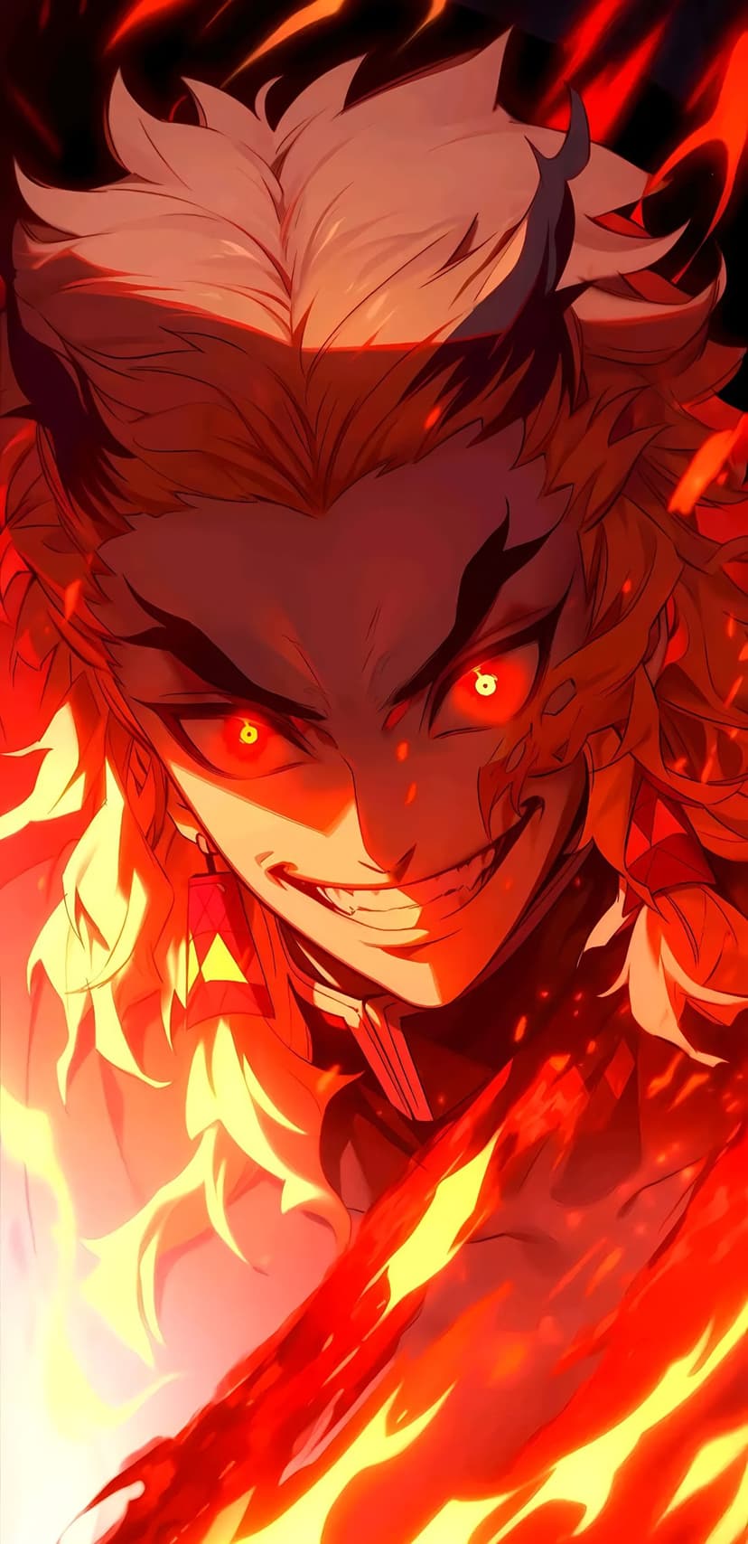 Spiky blonde anime character with glowing red eyes and a sharp grin surrounded by swirling orange fire and embers.