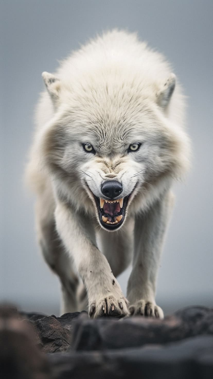 White Arctic wolf snarling with bared teeth and green eyes against a foggy background in a vertical close-up shot.
