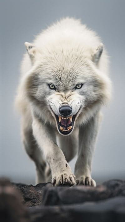 Fierce Arctic Wolf Snarling with Open Mouth