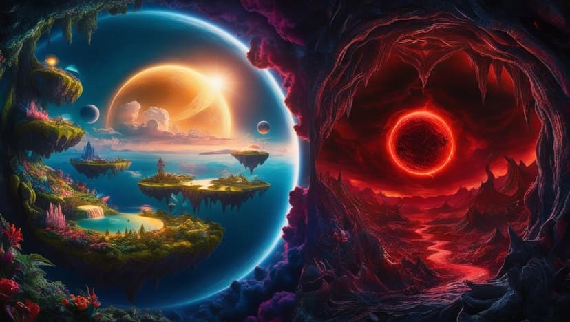 Floating islands with lush greenery and a golden sun contrast a dark volcanic abyss with a red swirling vortex.