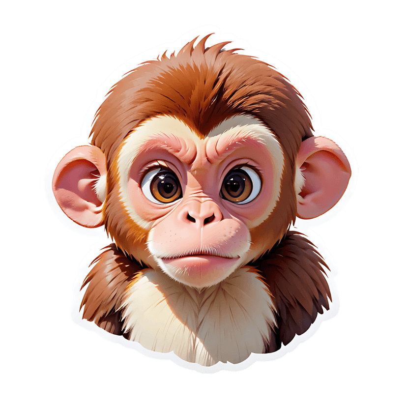 Brown monkey sticker illustration features a front-facing primate with fluffy brown fur and large expressive eyes.