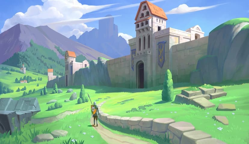 Armored knight with a spear walks on a stone path toward a massive castle with red roofs in a mountain valley.
