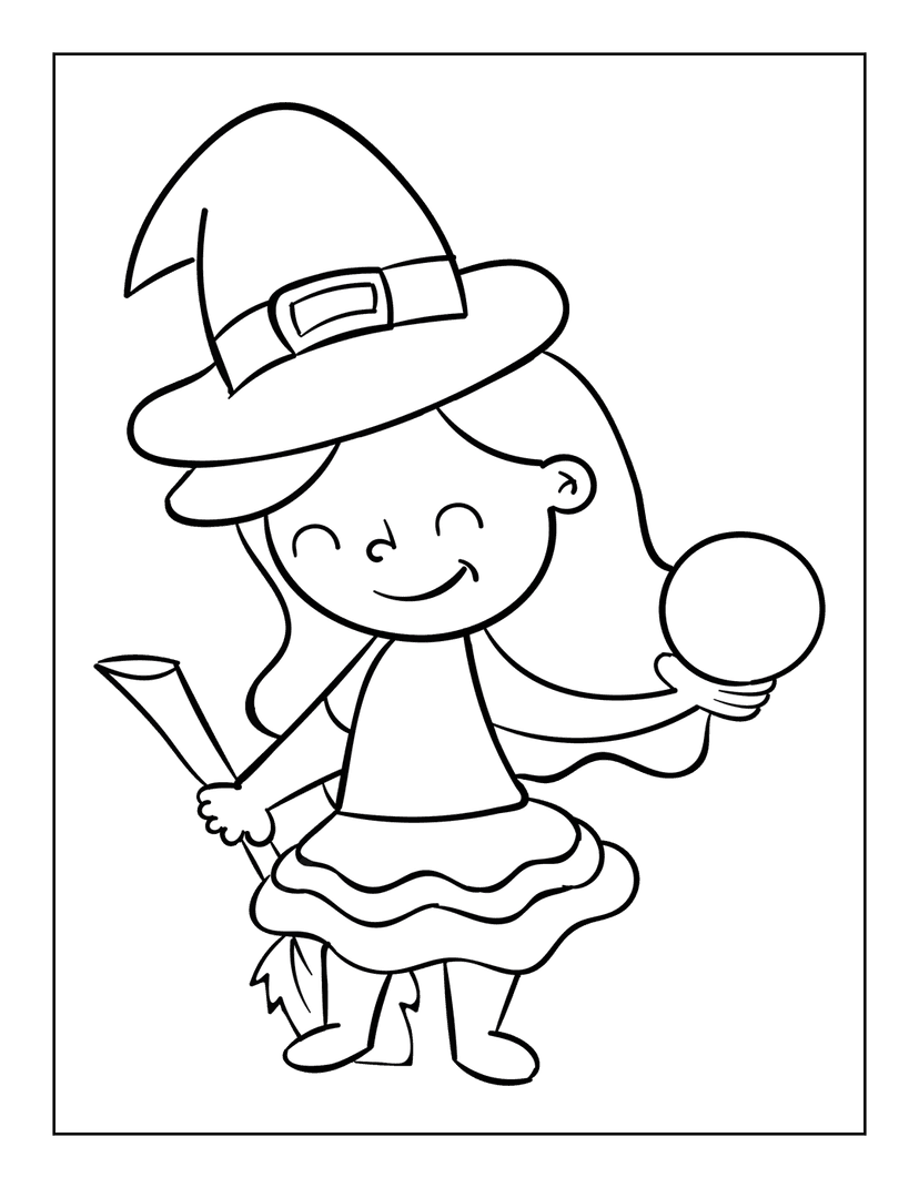 Witch coloring page featuring a cartoon character holding a broomstick and crystal ball with bold outlines.